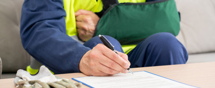 Front view of a repairman with sling signing contract at home