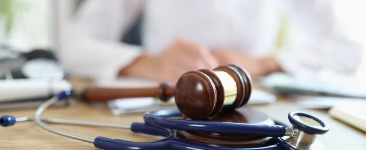 Closeup of judge gavel of stethoscope doctor in background writing notes. Concept of legal aspects of healthcare and medical insurance payments