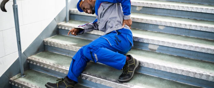Worker Man Lying On Staircase After Slip And Fall Accident