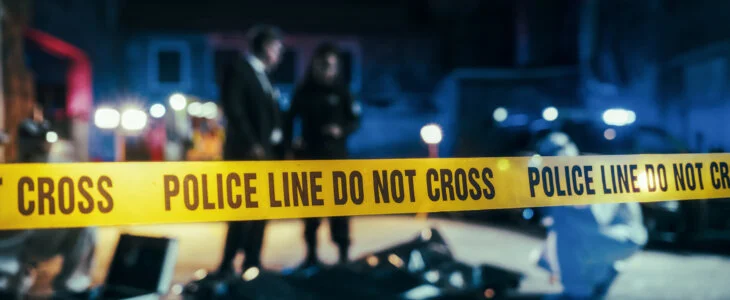 Close Up on Crime Scene Yellow Tape Showing Text Police Line Do Not Cross. Restricted Area to the Public. Police on Duty in the Background. Cinematic Bokeh Effect With Red and Blue Neon Lights