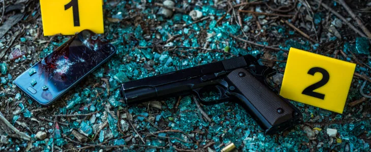 Bullet casings and gun on the ground. Crime scene.
